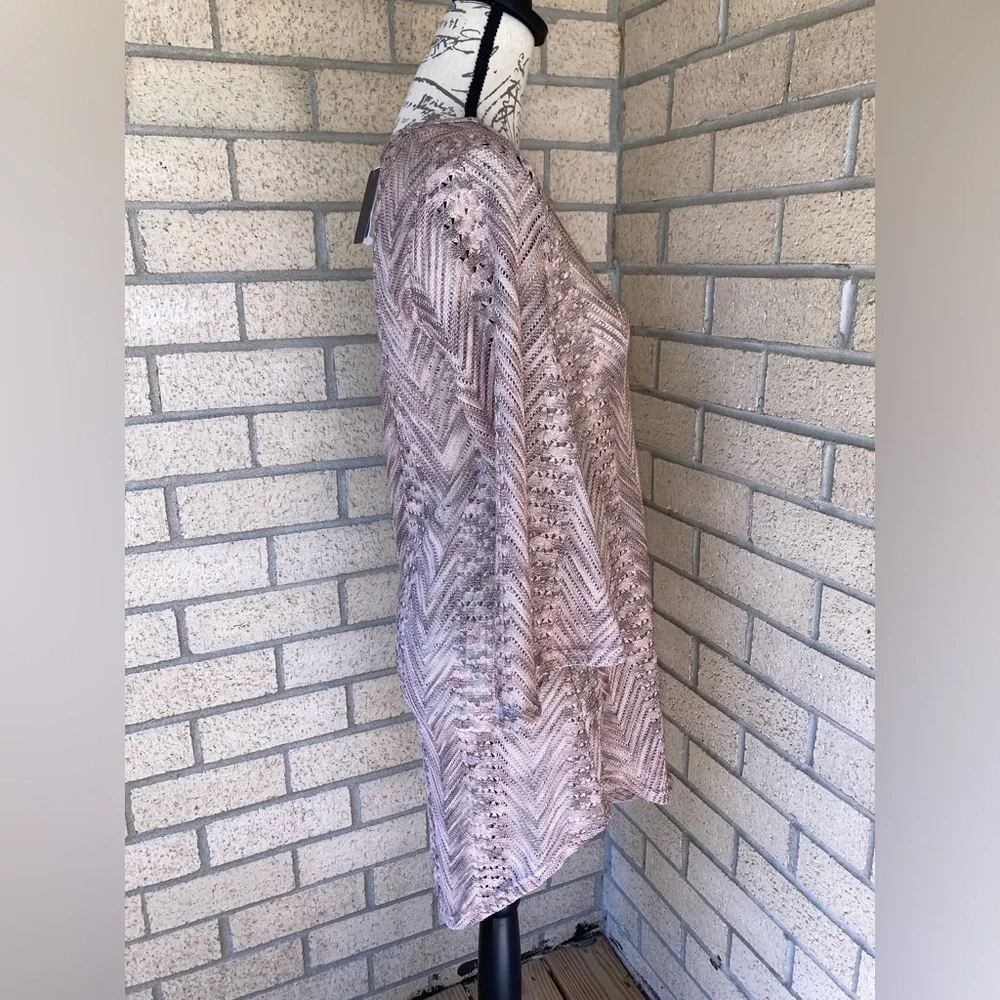 Elif Open Knit V Neck Shiny Metallic Pink Grey Swim Cover Up Tunic Bell Sleeves